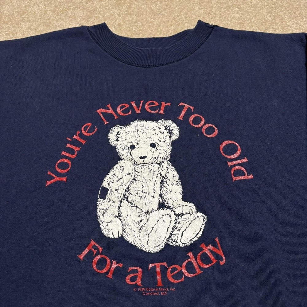 Vtg Teddy Bear Sweatshirt Mens‎ Large Navy Blue 80s Cute Cozy Cottage Grandma